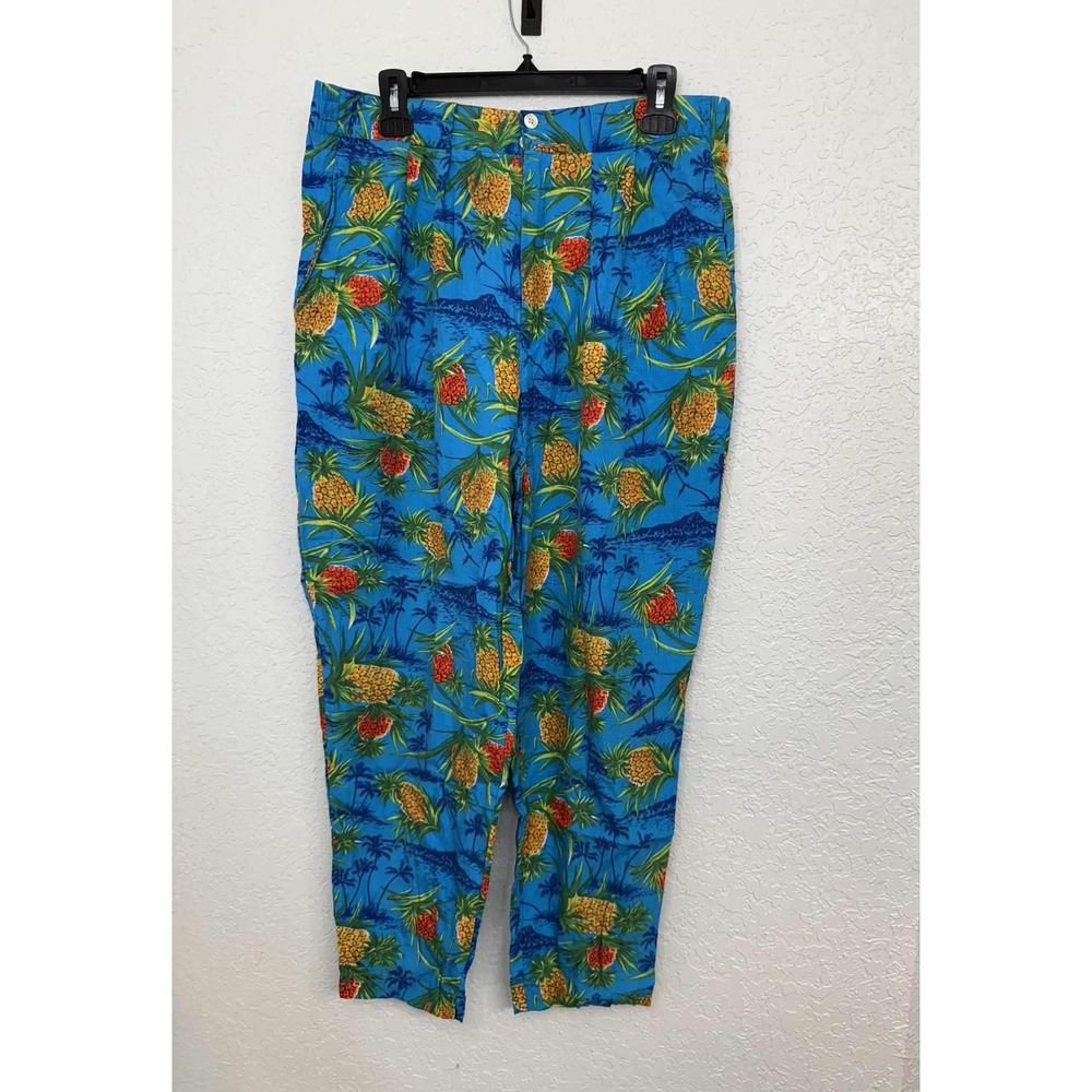 GAP Vintage Blue Pineapple Tropical Print Rayon‎ Relaxed Pants Womens Large